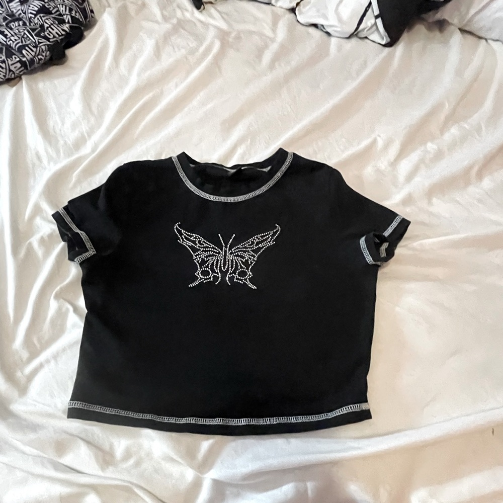 SHEIN Butterfly Rhinestone Stitch Detail Tee